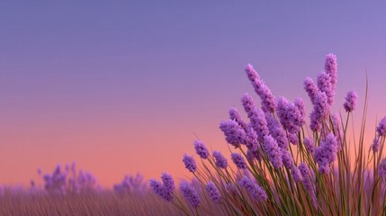 Fototapeta premium Breathtaking Lavender Field at Dusk with Soft Purple Blooms Against a Colorful Sky Exhibiting a Serene and Tranquil Atmosphere of Nature's Beauty