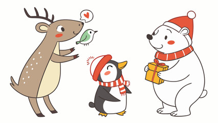 Christmas Animals Celebrating Holidays with Gift, Cute Cartoon Illustration Isolated on White