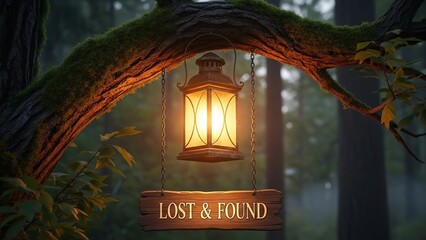 Glowing antique lantern hangs above a rustic lost and found sign in a dark forest