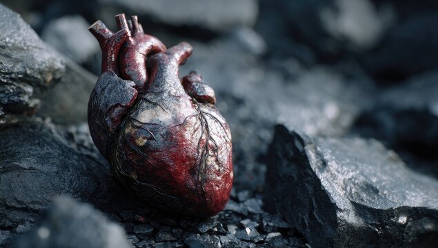 A detailed shot of a human heart, resting on rough, grey rocks. Realistic and unsettling