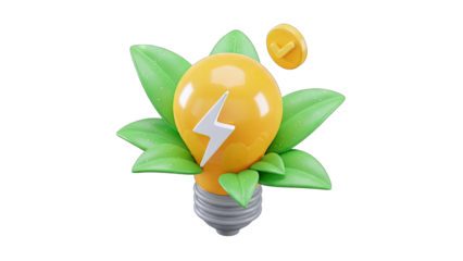Glowing Yellow Light Bulb with Green Leaves and Golden Coin Symbolizing Innovation and Success