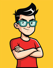 Confident cartoon young man with spiky black hair teal glasses and a red shirt posing with arms crossed and a smirk.