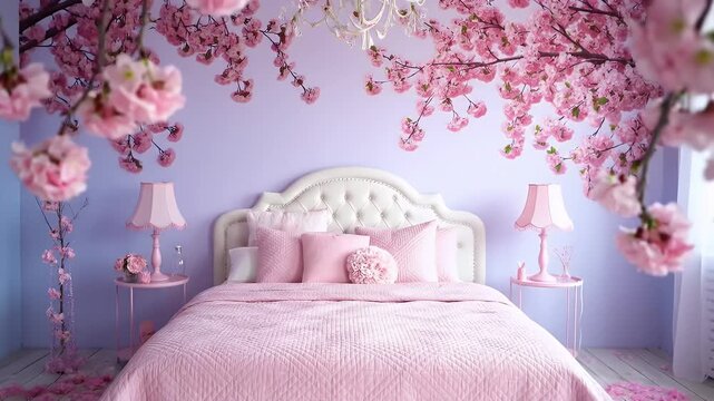 Dreamy pastel pink bedroom with ornate white headboard, twin lamps, and cherry blossom decor