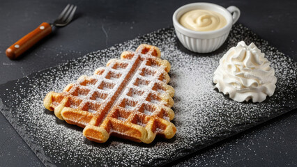 Christmas tree shaped waffles with whipped cream on a dark surface. 
