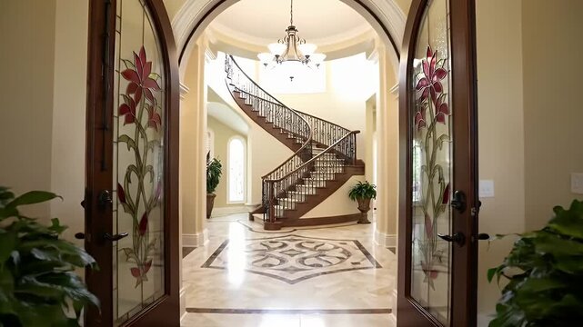 Elegant arched glass double doors framed by symmetrical potted greenery in a sunlit entryway