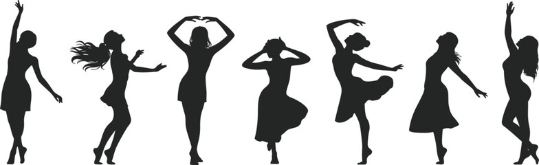 Dance silhouette women, graceful poses, ballet, contemporary movement, black figures, expressive gesture, minimal style, isolated dancers, elegant posture, choreography