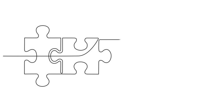 Animated self drawing of continuous line draw. business solution minimalist concept jigsaw puzzle. Full length one line animation. Continuous one line drawing animation of jigsaws on white background.