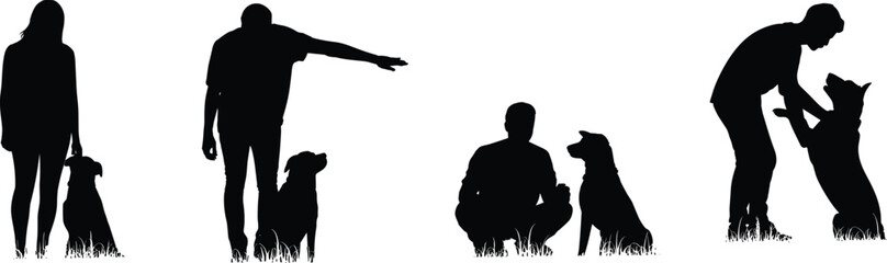 Dog, human, interaction, silhouette, posture, training, affection, companionship, black, white, graphic, illustration, gesture, sitting, standing, squatting, embrace, outdoor, behavior, minimal, bond