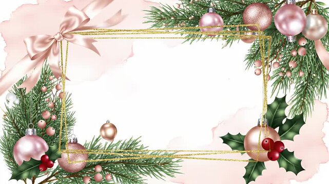 Elegant double gold geometric frame over soft pink watercolor background for invitations and decorative layouts