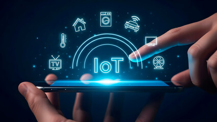 Person holding smartphone displaying internet of things (iot) symbol surrounded by smart device icons, representing connected modern technology and digital living.