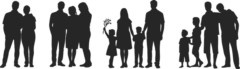 Family, silhouette, group, posture, gesture, parent, child, bond, black, white, graphic, illustration, unity, affection, minimal, relationship, standing, together, diversity, social, connection