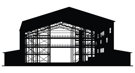 Detailed architectural rendering of a large barn structure in black and white silhouette © MIRAJ02