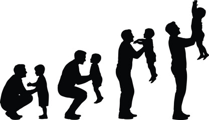 Father child silhouette lifting sequence, emotional bond, playful interaction, black illustration, parenting gesture, family moment, physical connection, love expression