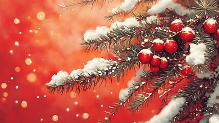 Pine greenery decorated with red baubles snowy red glowing background