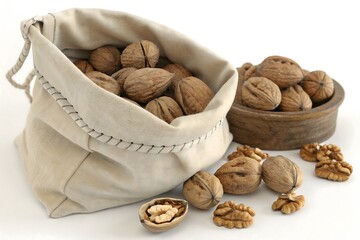 Harvest Bounty: A burlap sack and a wooden bowl overflow with freshly harvested walnuts, with some shelled revealing their delicious inner treasure.