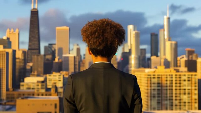 A woman in a business suit looks at a city skyline as the sun sets, casting golden light on the highrise buildings
