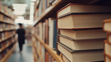 A captivating library scene with neatly stacked books in sharp focus, inviting readers to explore the realm of literature and knowledge, igniting curiosity and imagination.