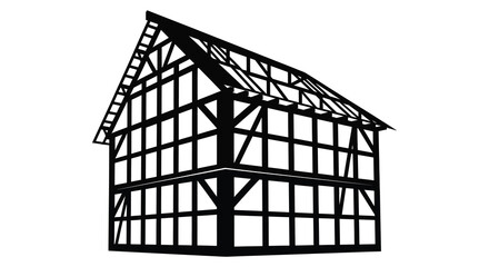 Obraz premium Detailed illustration of a traditional timber framed house structure in stark black silhouette