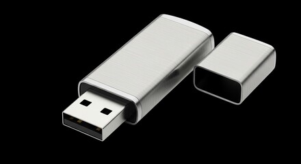 Sleek brushed metal usb flash drive with cap removed on a deep highlighting data storage technology on transparent background