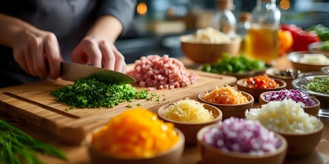 Obraz premium Chef chopping fresh herbs on wooden cutting board with colorful diced vegetables in small bowls ready for cooking preparation.