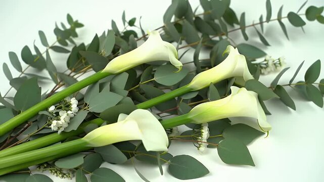Elegant pale yellow calla lilies resting along a leafy branch against a soft sky