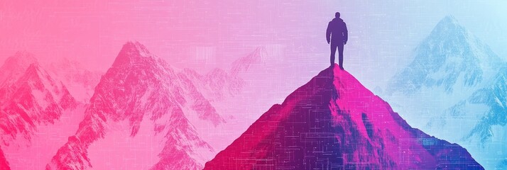 Inspiring Leader Overlooking Majestic Mountain Landscape, Embracing Digital Technology for Success