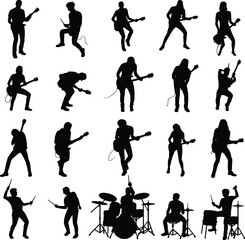 Musician, silhouette, guitar, drum, posture, gesture, black, white, graphic, illustration, performance, rock, pop, energy, dynamic, minimal, concert, music, band, instrument, stage