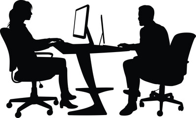 Office, silhouette, people, computer, desk, chair, posture, collaboration, black, white, graphic, work, typing, monitor, technology, illustration, professional, seated, modern, interaction, workplace