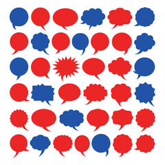 a vibrant collection of speech bubbles in shades of red and blue with a starburst shape included creating a dynamic visual