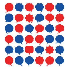 a vibrant arrangement of alternating red and blue speech bubbles filling the frame in a patterned symmetrical and visually striking display