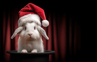 White baby rabbit wearing Santa Claus hat for Christmas, looking out of magician's hardhat, copy space on red curtain
