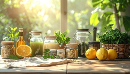 Sunlit scene of natural ingredients in glass jars on a wooden surface, beside lemons and greenery, with window background