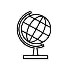 a simple black and white line drawing depicts a vintage terrestrial globe resting on a stand symbolizing global connections and geography