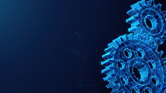 Animated Low Poly Gears Spinning Together. Symbol of Corporate Collaboration, Synergy Partnership and Business Teamwork Animation Loop. Tech Support and Maintenance in Information Technology Industry.