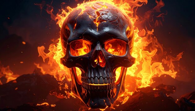 Fiery skull center, enveloped in bright flames, set against a dark background, invoking intensity and heat
