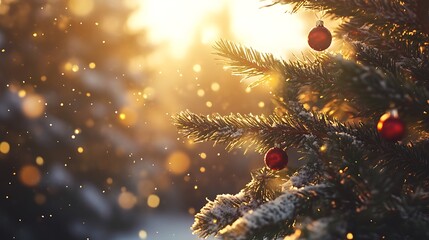 Pine tree focus with holiday red baubles golden glow and snow