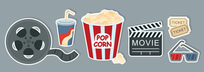 Set of stickers with cinema and movie elements. Popcorn bucket, film reel, soda cup, clapperboard, movie tickets and 3D glasses 