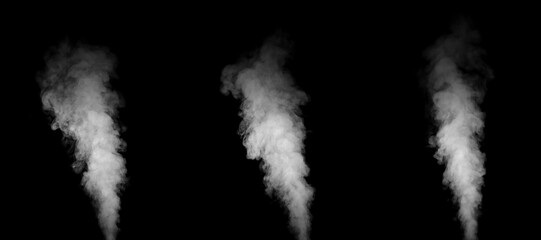 Close-up photo of abstract white steam or smoke. Illustration showing different textures and densities of white steam or smoke, isolated on black background.