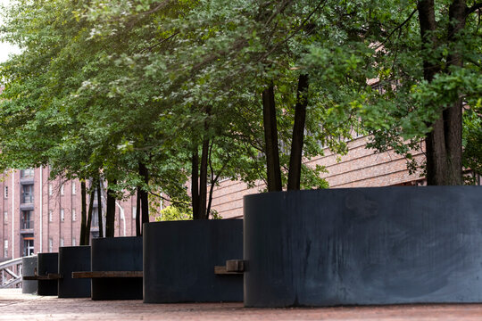 Urban architecture highlighted through exterior metal balustrades and crossing structures showing geometry, pattern and detail across a modern design environment