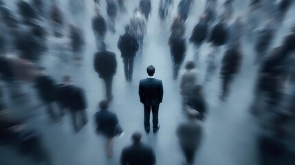 Businessman standing still in blurred motion crowd of people walking, leadership concept for business presentations and corporate materials.