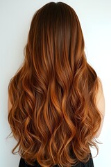 Fototapeta premium Long wavy auburn hair with copper highlights showcasing balayage technique on white background for beauty and hair care concepts.