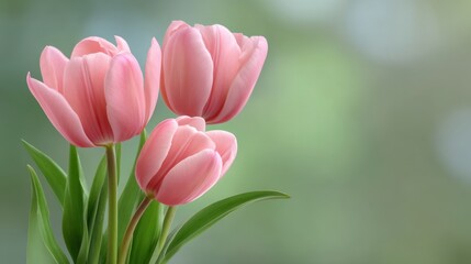 Fototapeta premium Delicate Pink Tulips in Bloom Showcasing Soft Petals Against a Gentle Green Background for a Fresh Spring Feel