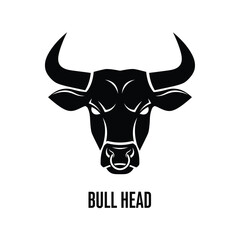 A striking black and white illustration depicts the front view of a bull s head with large horns and intense eyes