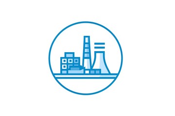 Obraz premium Industrial factory complex with smokestacks and buildings in circular blue outline icon on white background for business presentations.