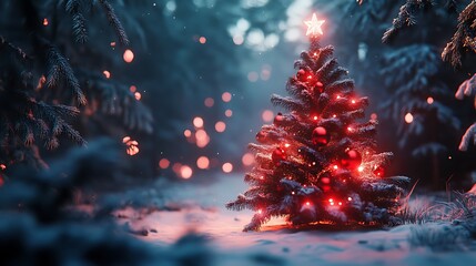 Pine red ornaments glowing holiday tree snow covered scene