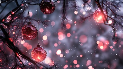 Illuminated red pine decor winter baubles and gentle snowfall