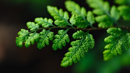 Vibrant green fern fronds with detailed texture and water droplets against dark background, showcasing natural botanical detail in macro photography.
