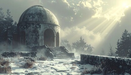 Domed building on snowy steps in fog. Sun rays pierce cloudy sky. Atmospheric winter scene