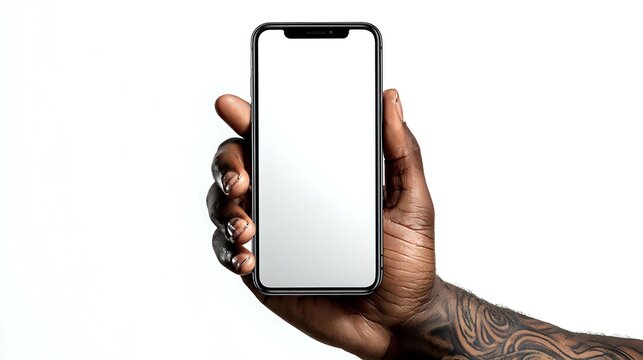 Male hand with tribal tattoo holding modern smartphone with blank white screen against white background. Perfect for app or website mockup.