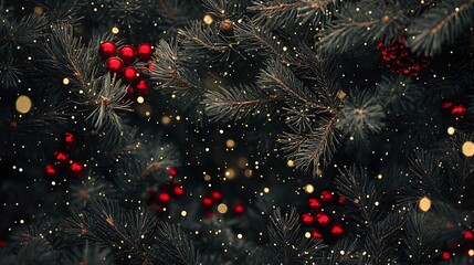 Seasonal pine tree red balls golden sparkle snowflakes background